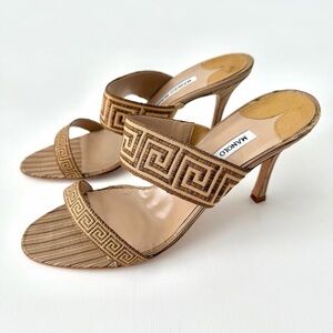 MANOLO BLAHNIK | Y2K Woven Greek Key Mule Heels Brown EU 39 Italy